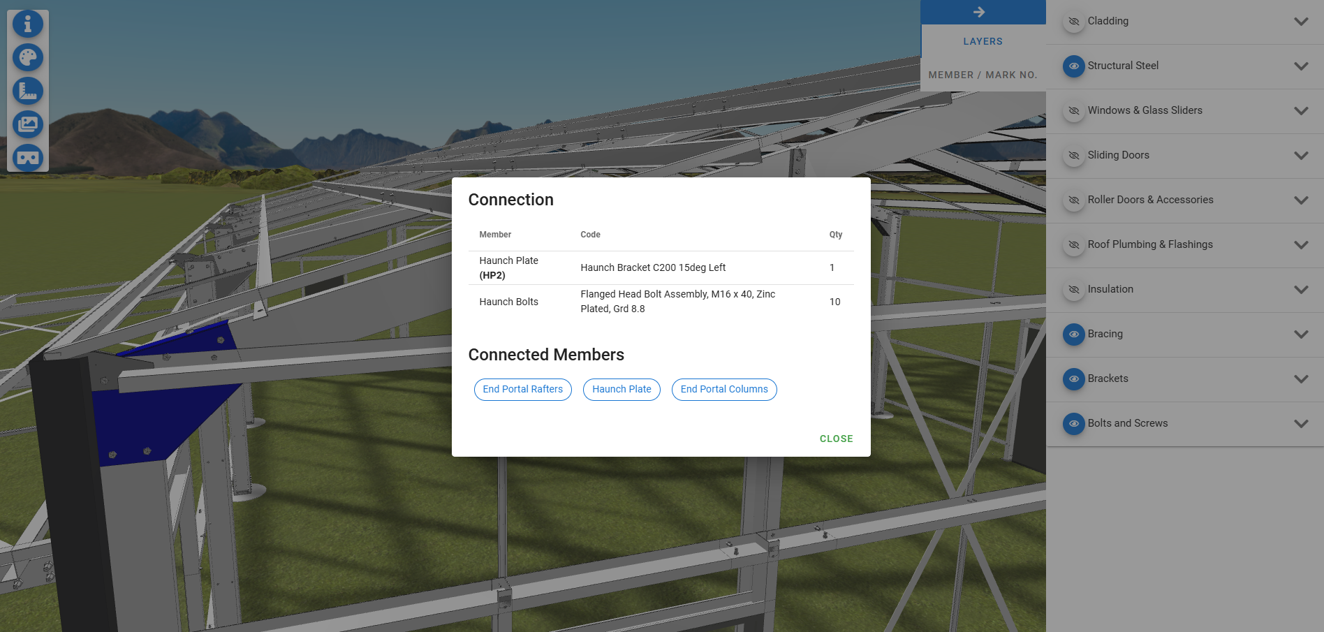 3D Designer - connection detail showing haunch bracket, bolt specs and connected members