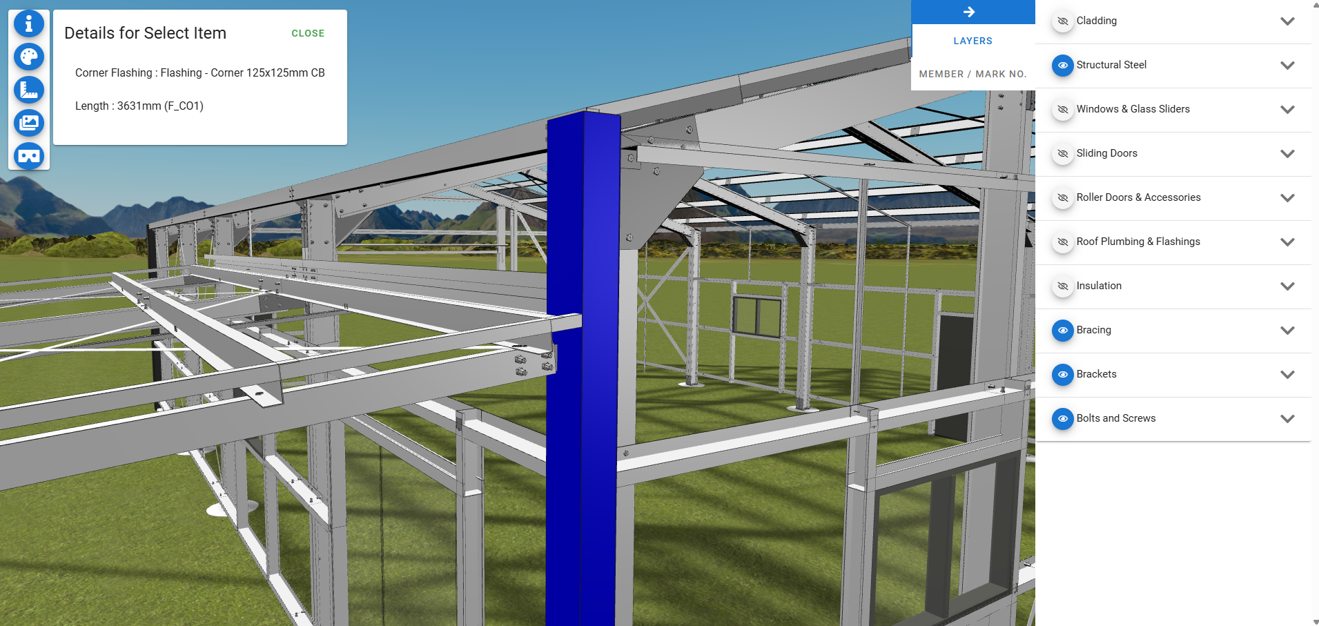3D Designer - corner flashing component highlighted in blue with dimensions