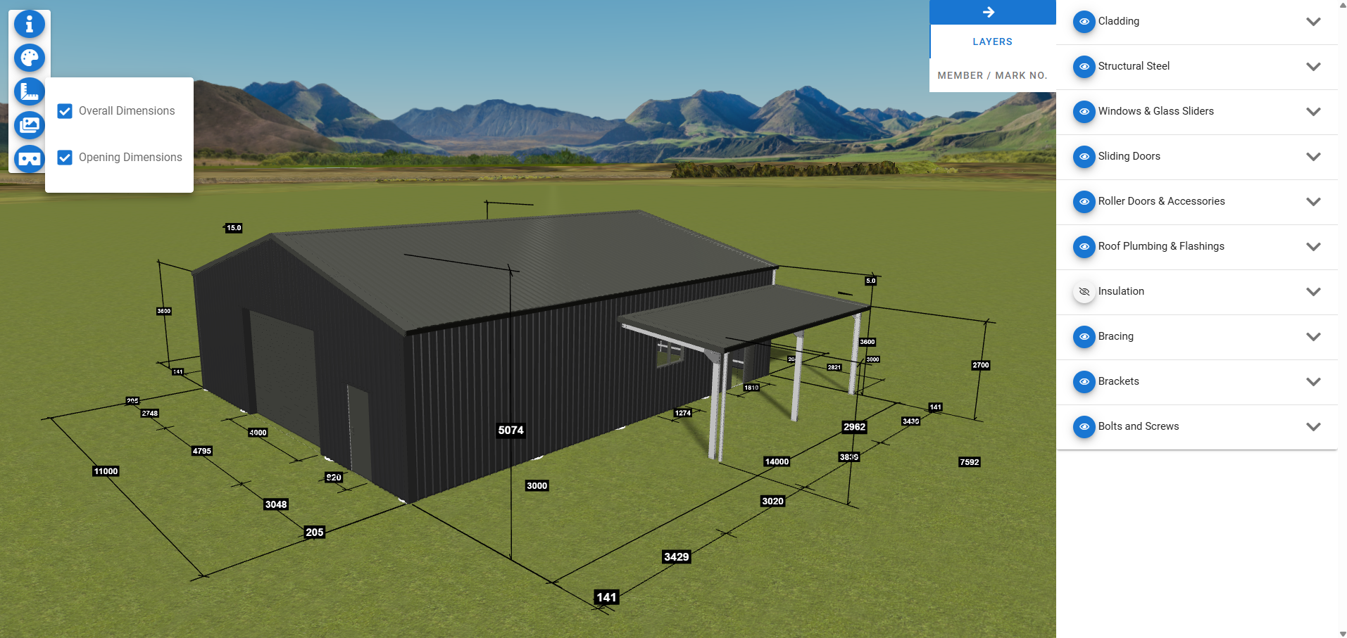 3D Designer - overall and opening dimensions with exact measurements in millimetres