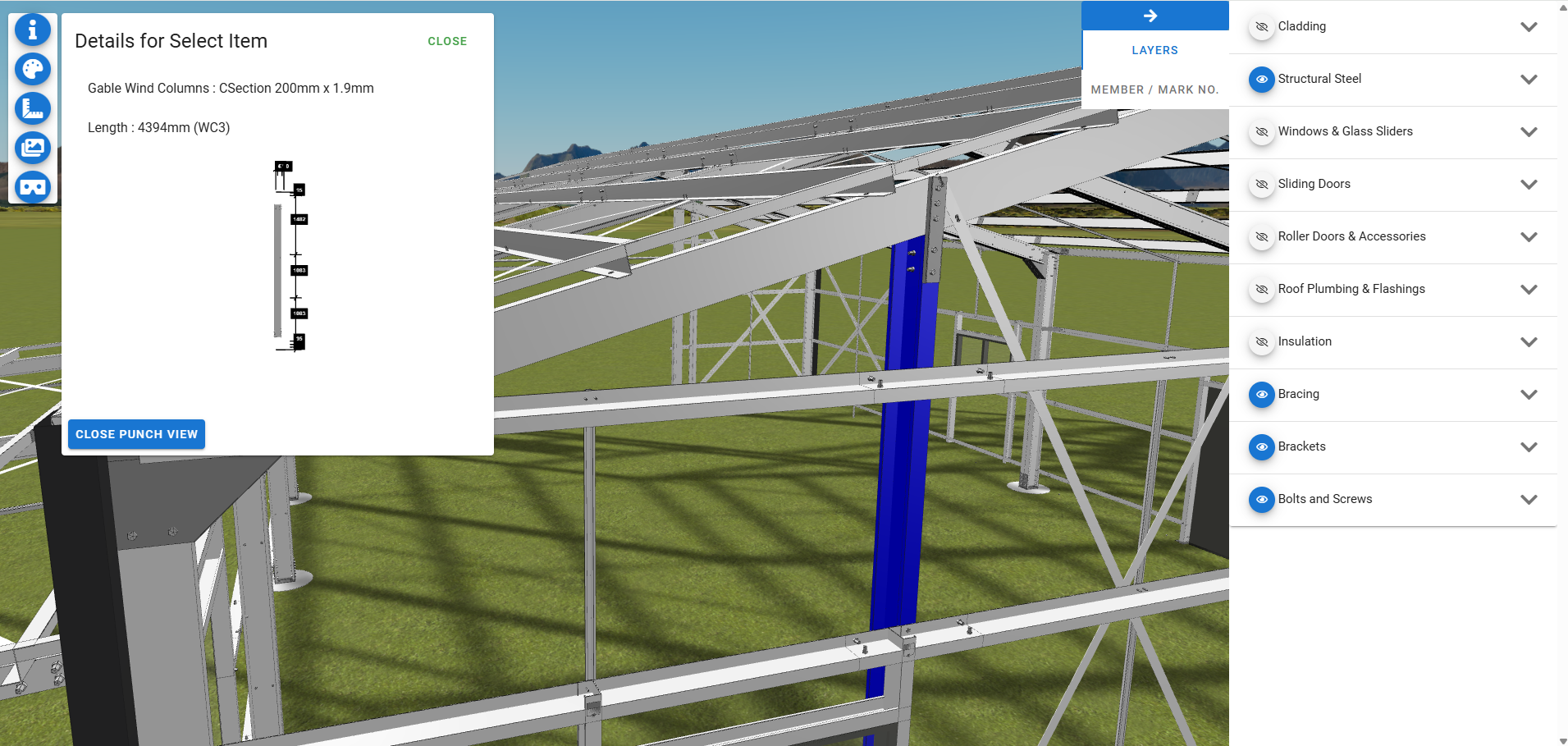 3D Designer - structural steel frame with gable wind column selected showing specs