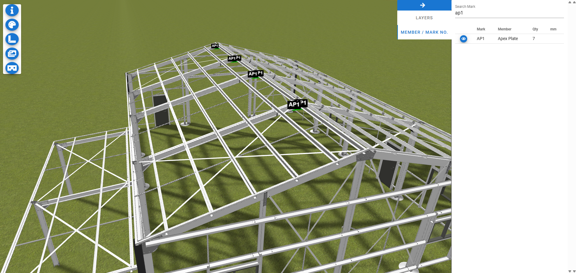 3D Designer - search AP1 highlights all 7 apex plates in blue on the 3D model