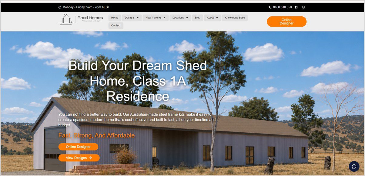 Shed Homes website homepage - livable Class 1A shed home kits