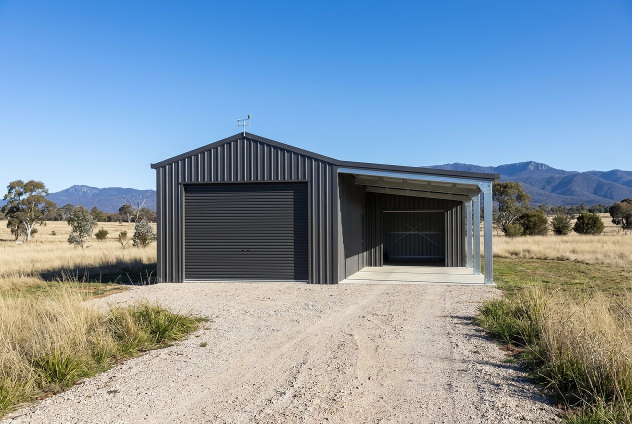 Steel garage and workshop shed with roller door and skillion awning on a rural block near Canberra