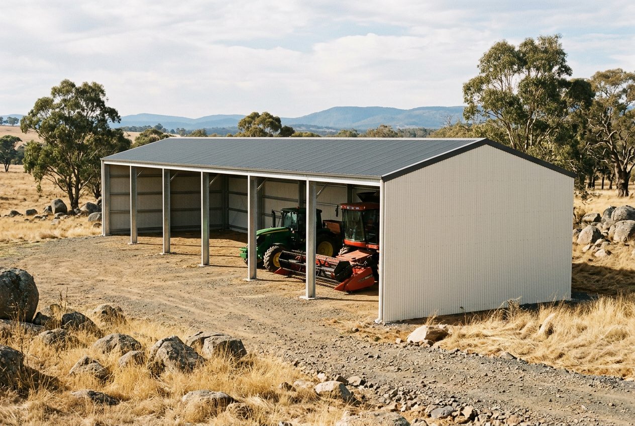 Six-bay open-front steel machinery shed on a NSW Central Tablelands grazing property