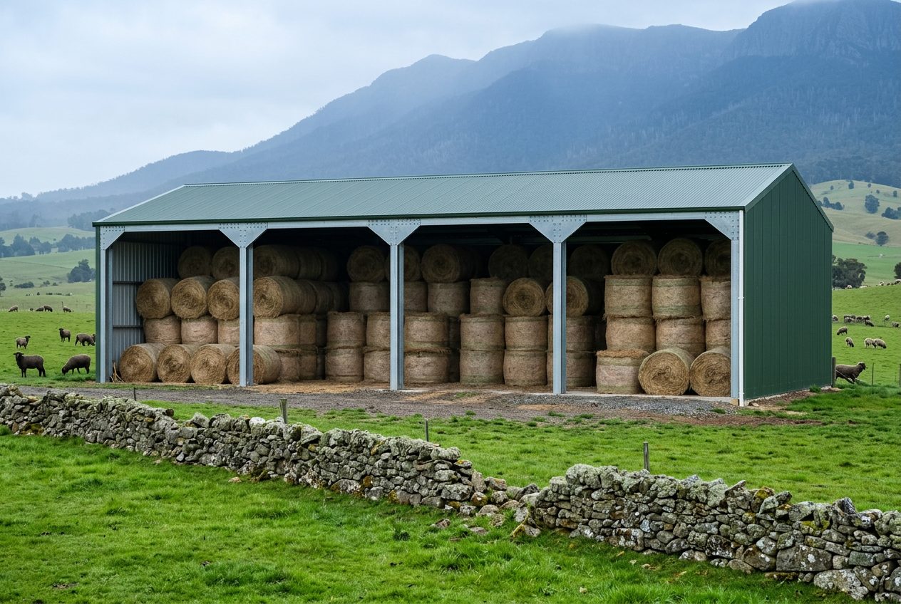 Four-bay open-front steel hay shed stacked with round bales on a Tasmanian Midlands sheep property