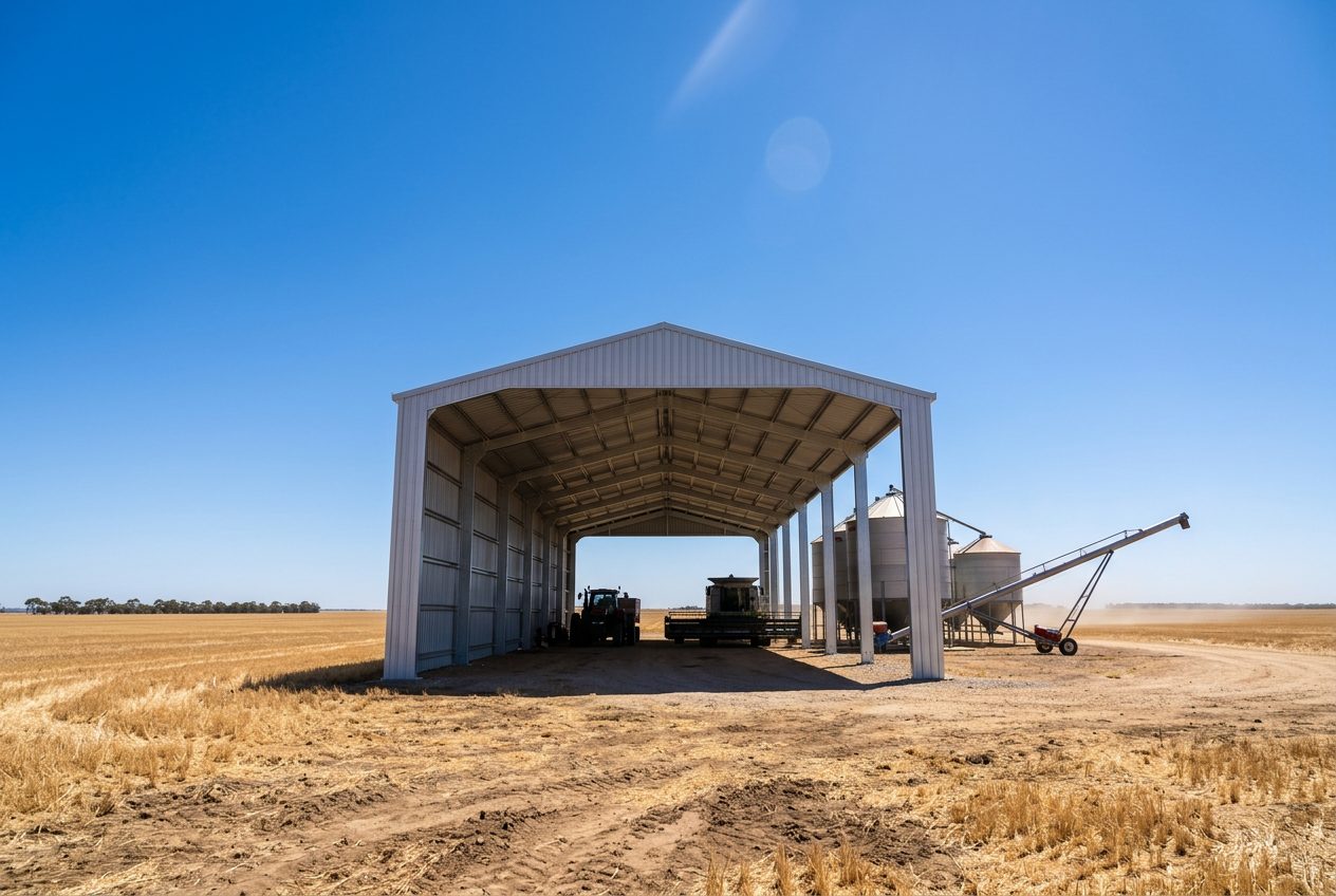 Large clear-span steel grain and machinery storage shed on a Western Australian wheatbelt farm